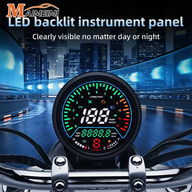 12V Motorcycle Speedometer Instruments Odometer Tachometer Meter Fuel Level Meter Indicator LED Round 12000rpm Low Voltage Alarm