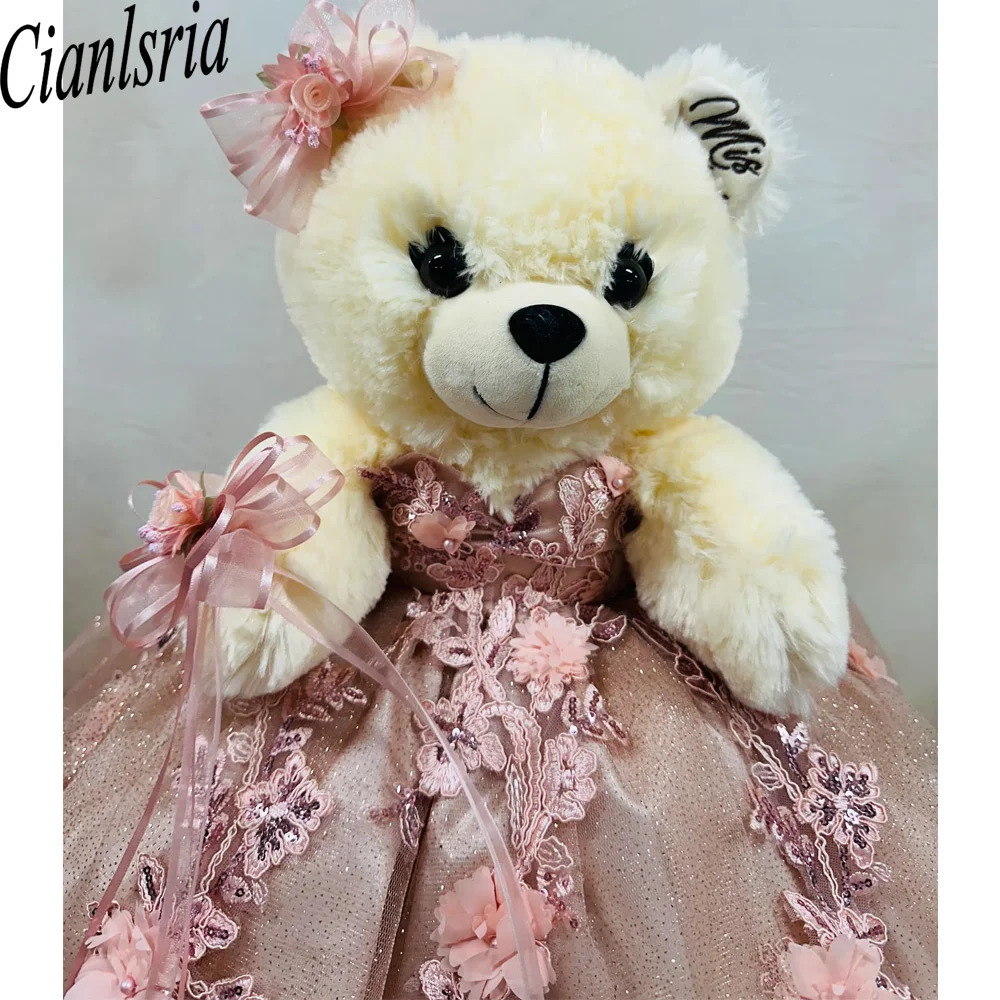 Pink Personalized Quinceanera Teddy Bear Dress Bead Appliques Mini Quinceanera Dress Tiered Customized