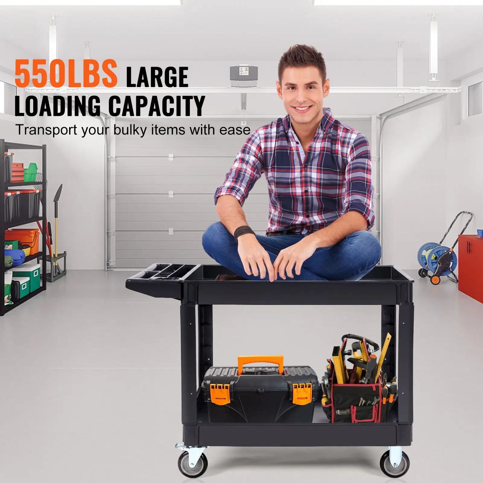 Utility Service Cart, 2 Shelf 550LBS Heavy Duty Plastic Rolling Utility Cart with 360° Swivel Wheels (2 with Brakes), Large Lipp