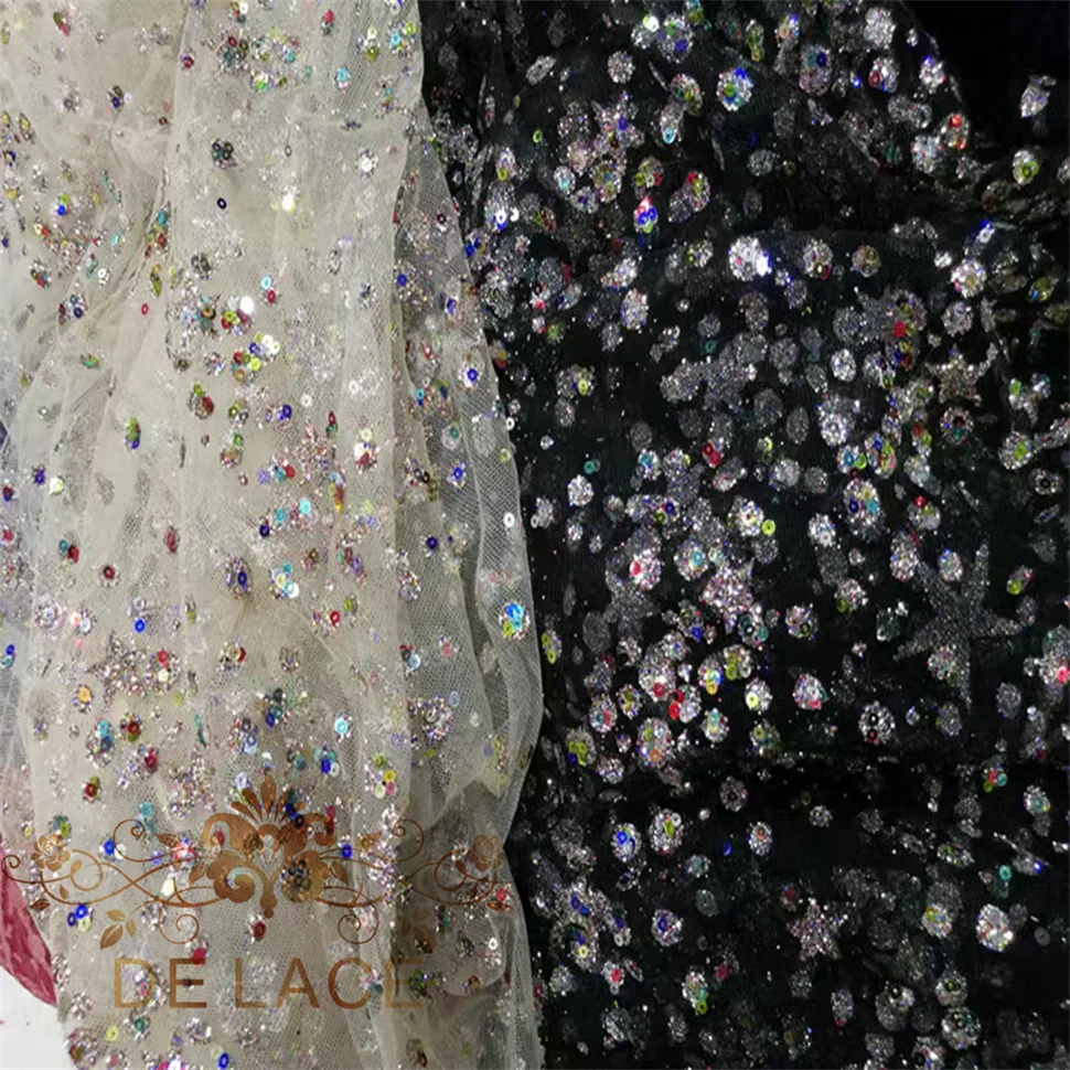 

JC High Quality Two Color Bright Colorful Sequins Lace Shining Nail Drill Wedding Dress Lace Fabric