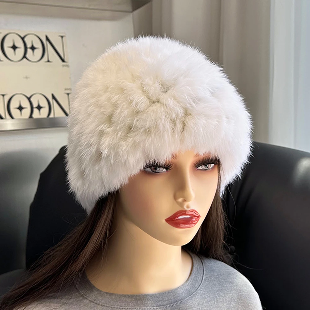 Women Winter Warm Real Rabbit Fur Hat Snow Cap Winter Hats for Women Girls Real Fur Knit Skullies Beanies Natural Fluffy Hat