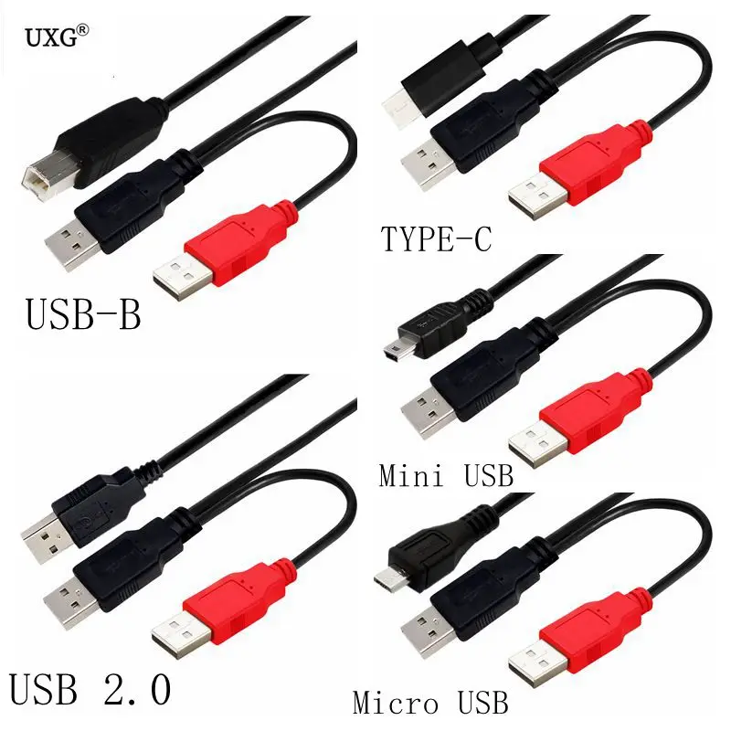 Dla przenośny dysk twardy drukarki typu Y kabel do transmisji danych podwójna głowica USB-B USB 2.0 Micro Mini 5pin typu c zewnętrzne USB zasilacz