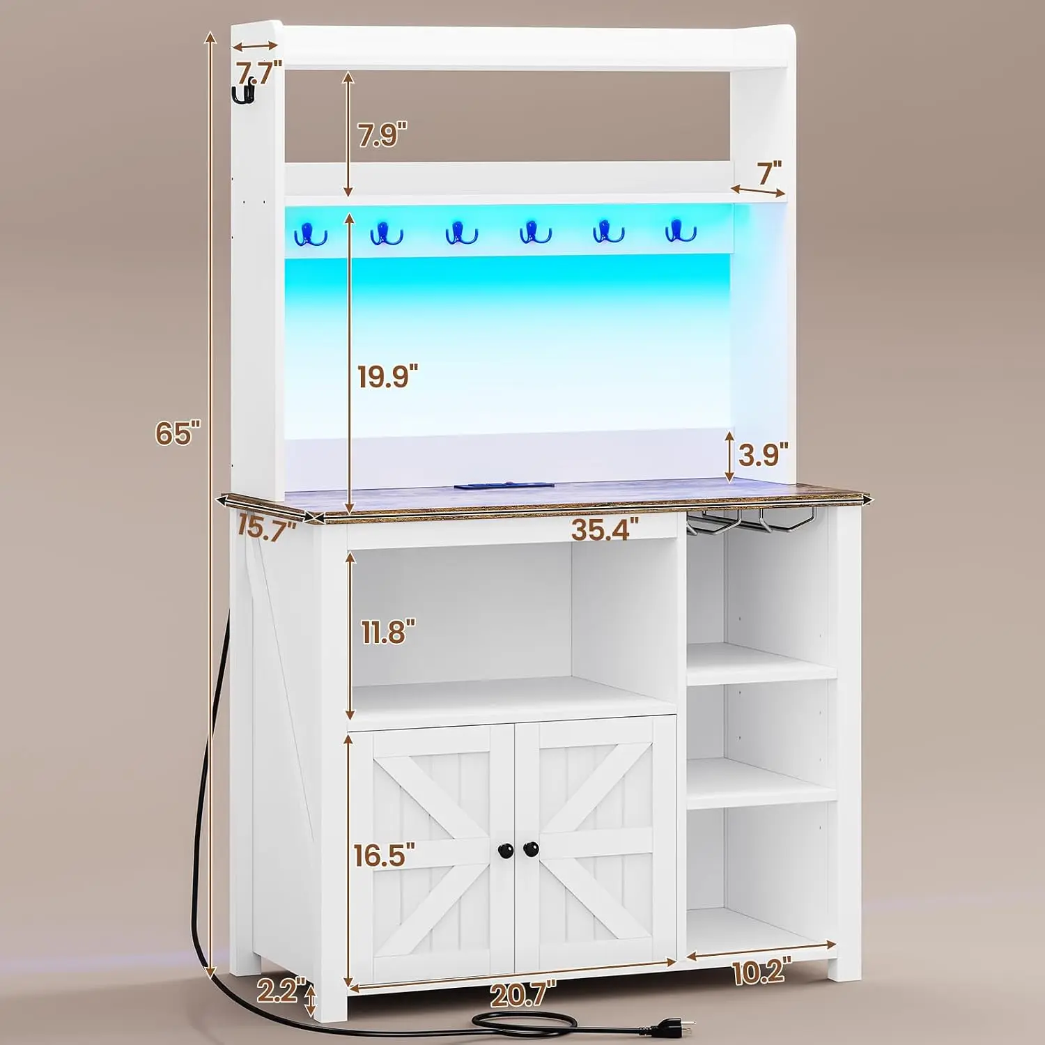 Baker Rack With Outlet & Storage, Coffee Bar Cabinet & Microwave Stand With Hutch, LED Light, Wine Holder & 8 Hooks, Customized
