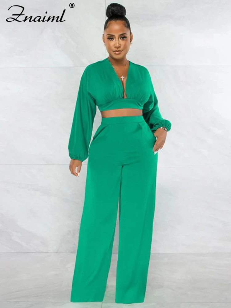 Znaiml Casual Green Two 2 Pieces Wide Leg Pants Sets Women‘s Long Sleeve Deep V-neck Crop Tops and Trousers Birthday Club Outfit