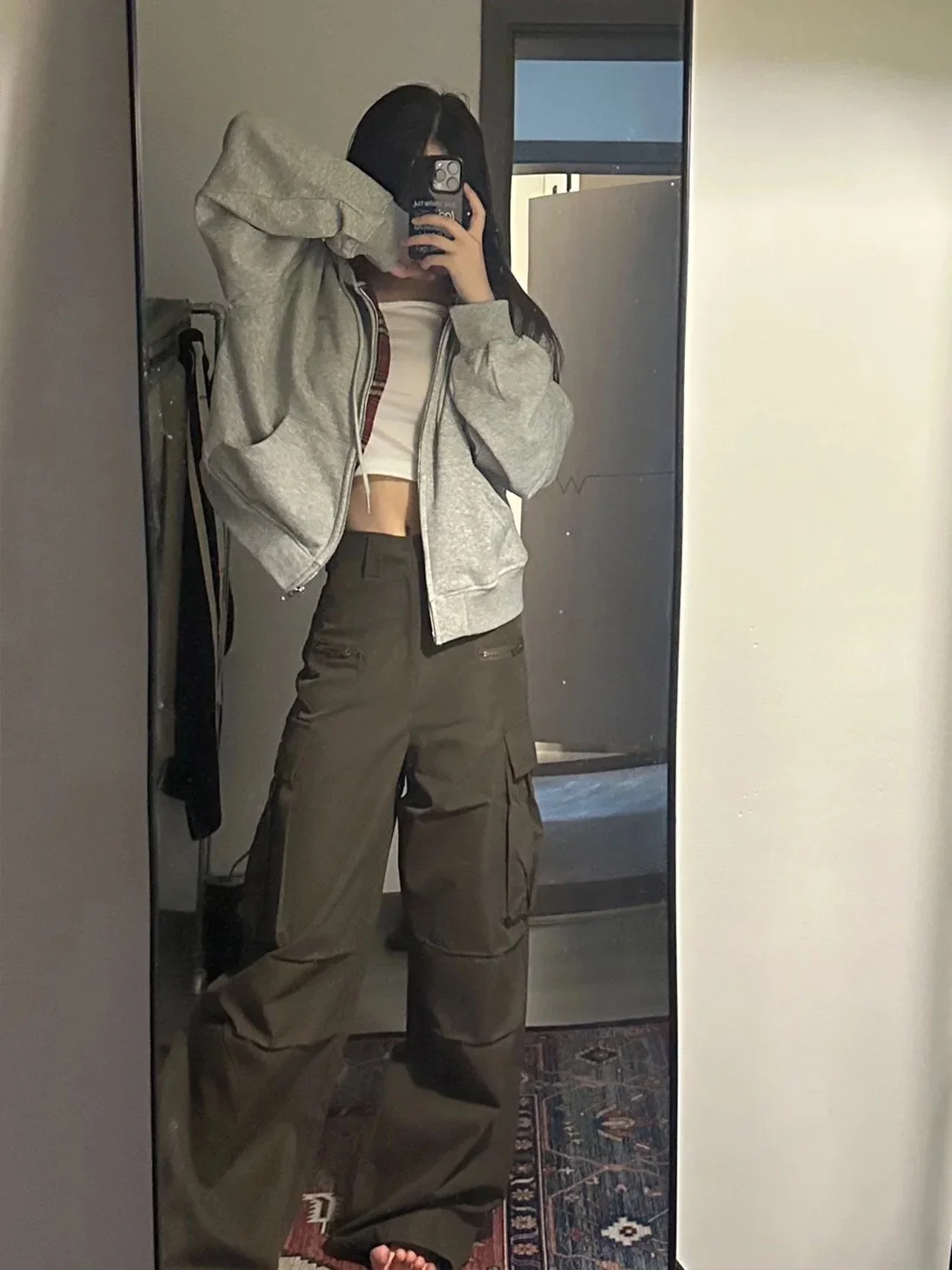 Gray Hoodie Women Autumn Winter Contrast Color Plaid Cloth Short Long sleeve Zip-up Cardigan Outewear Loose Top Zip Up Hoodle