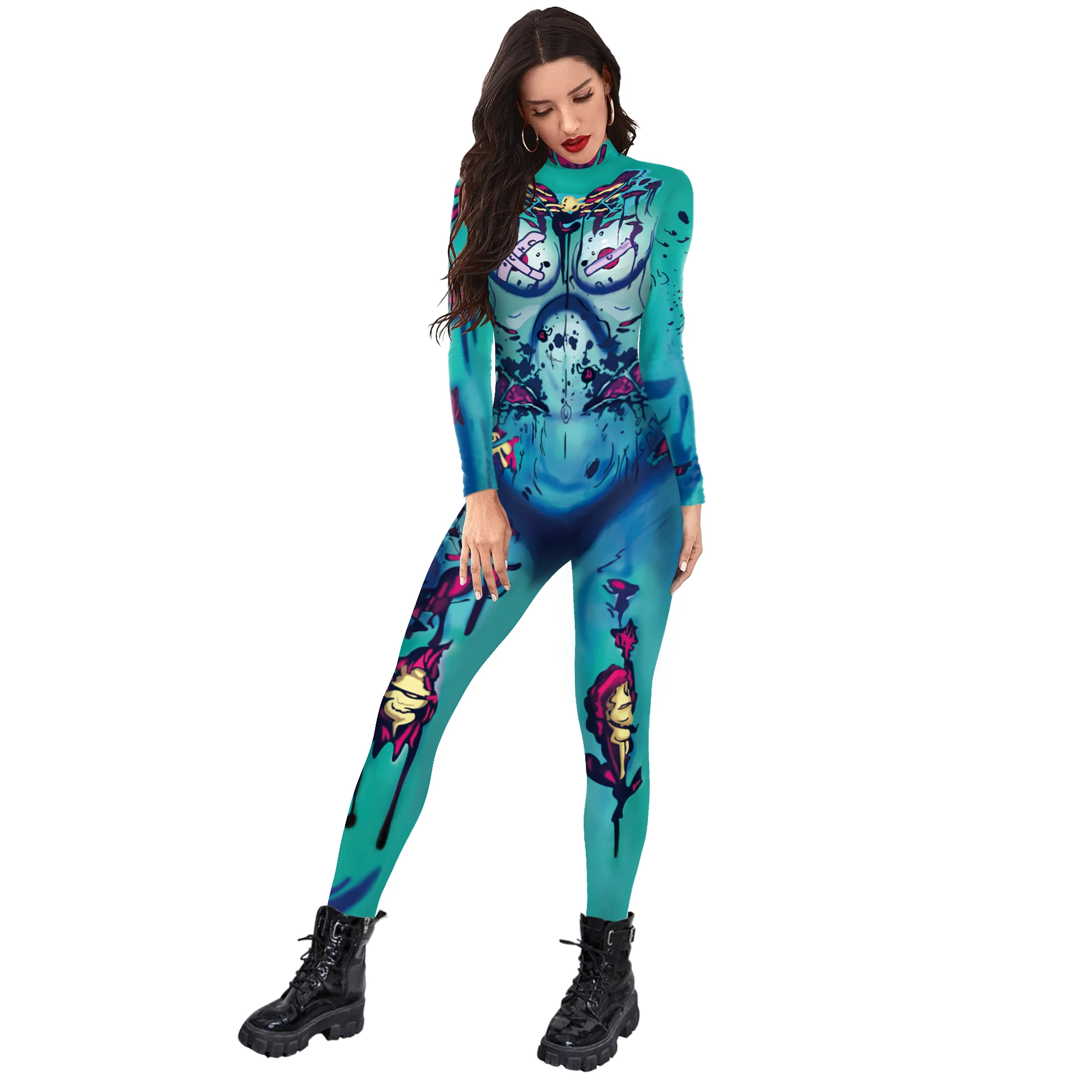 Blauwe Zombies Jumpsuit Halloween Verschrikkelijk Cosplay Kostuum Monster Bodysuit Skinny Festival Zentai Pak Feest Volwassen Outfit