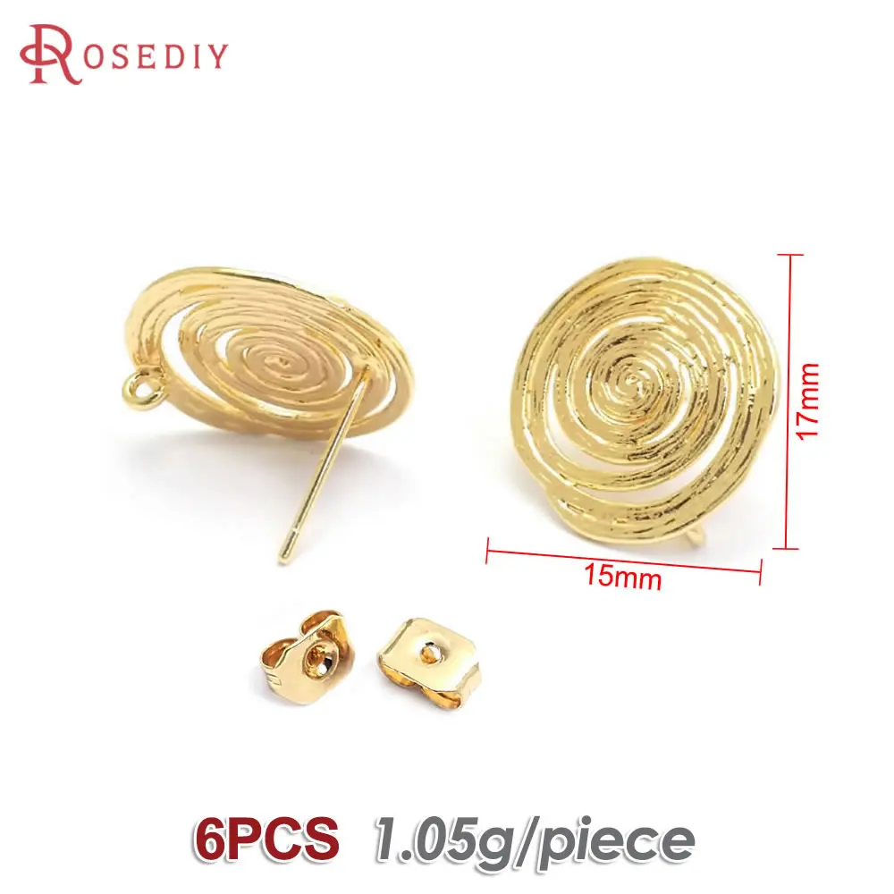 6PCS 18K Gold Color Brass Roll Pattern Stud Earrings Pins High Quality Diy Jewelry Making Earrings Accessories for Women