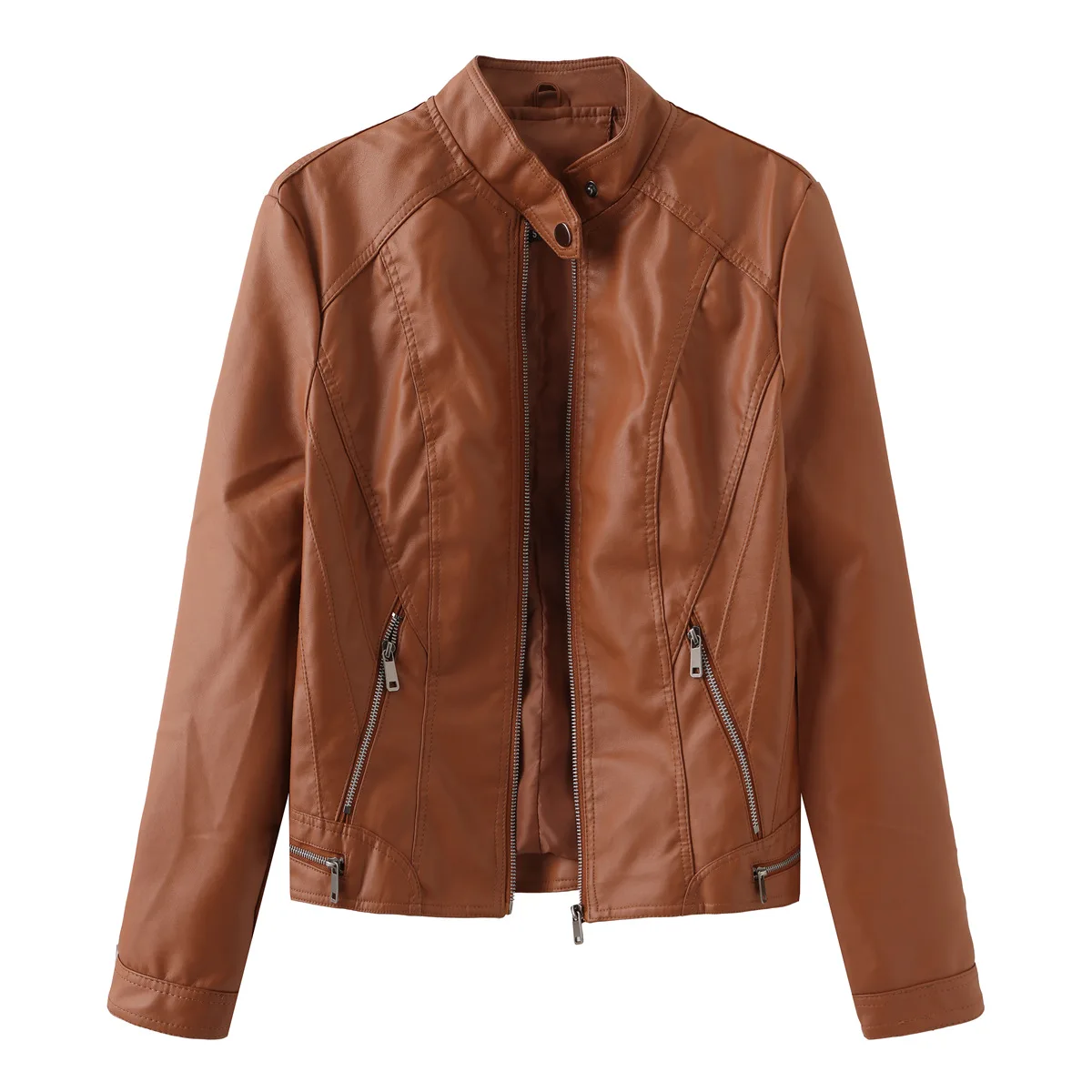 Veste en cuir décontractée pour femme, manches longues, fermeture éclair, col montant, manteau en PU, rouge, noir, vert, chameau, printemps, automne