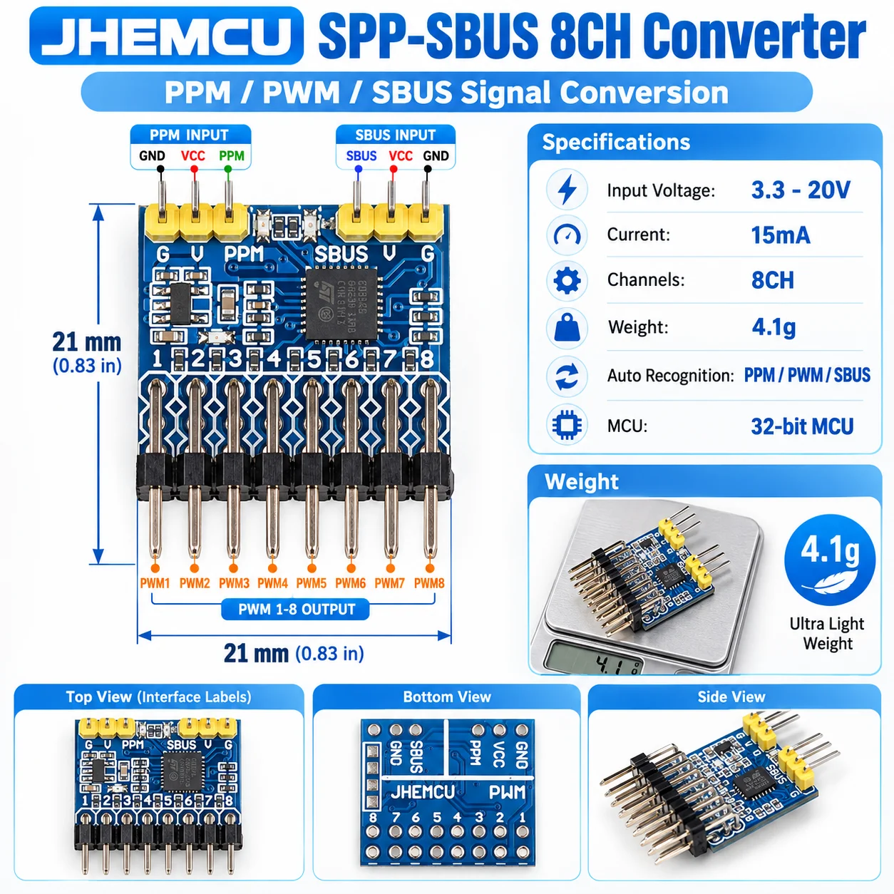 Receiver Sbus 8Ch - JHEMCU PPM PWM SBUS Signal Conversion