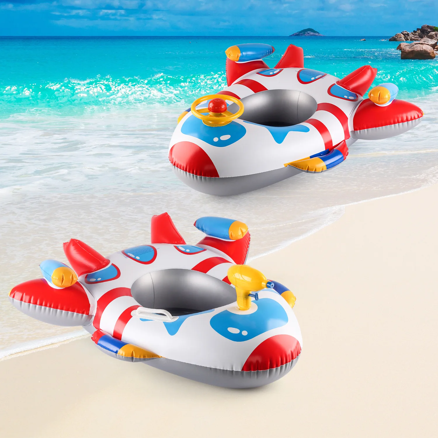 Nuevo Flotador Inflable para Niños con Forma de Avión de Combate, Asiento con Pistola de Agua, Bocina y Volante, Juguete para Piscina de Verano