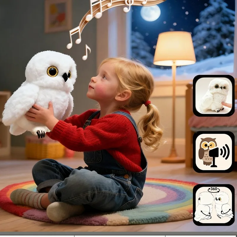 Magical Soft Stuffed White Owl Sounding Interactive With Built In Magnet Shoulder Decor Plush Ornament For Holiday Birthday Gift