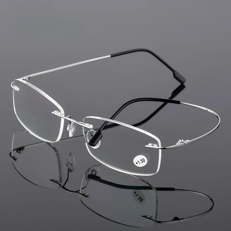 

High Definition Foldable Mirror Legs Ultra Light Titanium Alloy Metal Glasses Frameless with Added Film Presbyopic Glasses