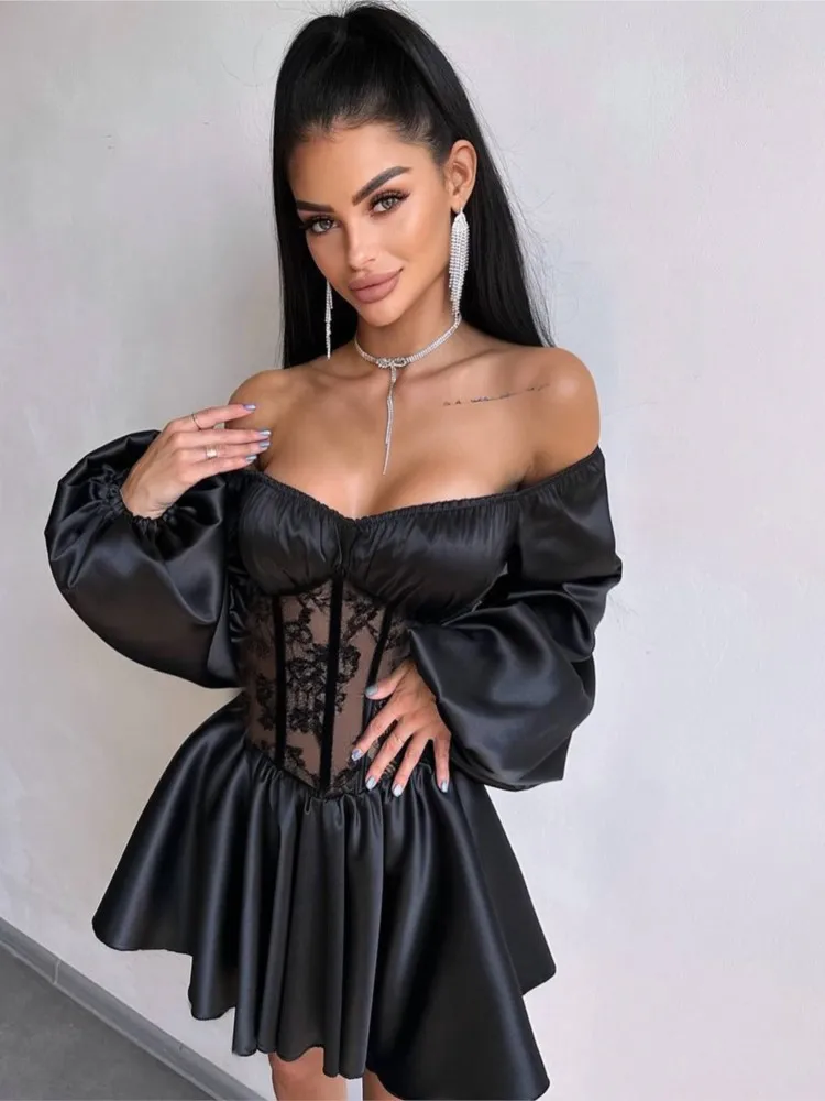 Autunno Y2k Abiti da donna Sexy Club Abito aderente in pizzo nero Manica lunga con scollo a V Mini abito Party Club Abiti da sera 2025