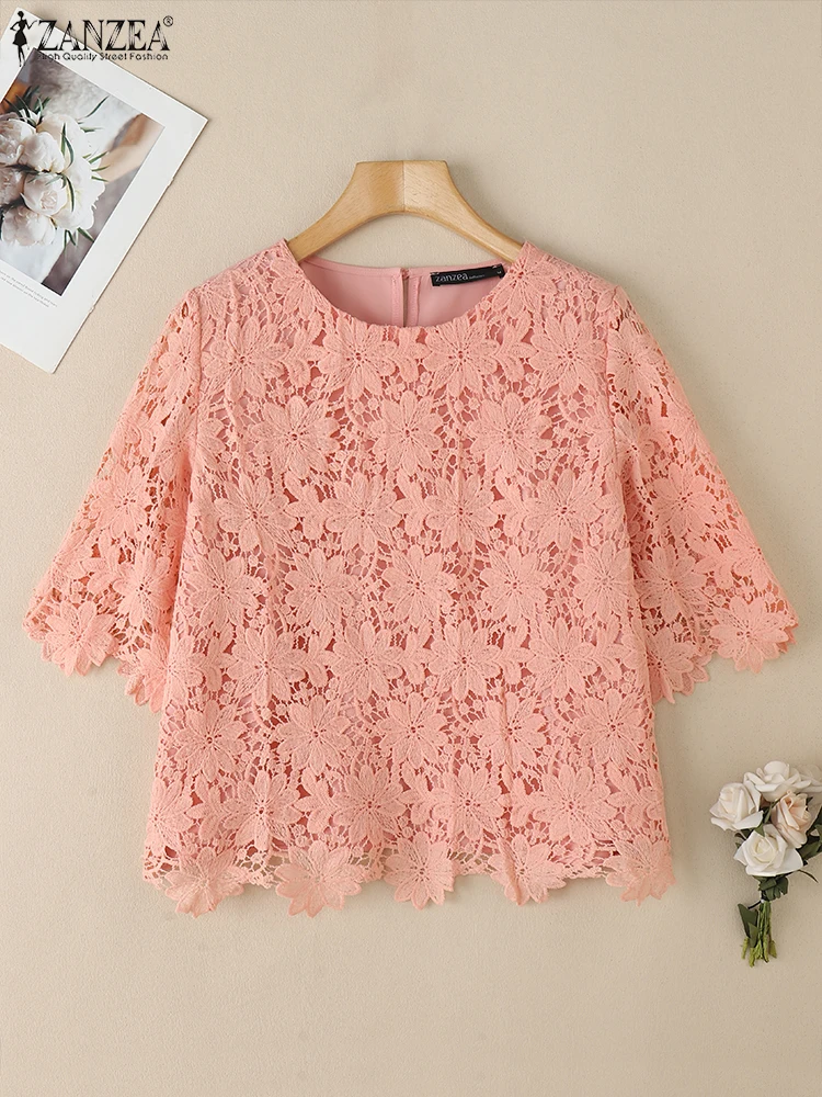 

2025 ZANZEA Summer Lace Crochet Shirt Women Elegant Work Blouse Bohemain Half Sleeve Holiday Blusas Stylish Patchwork Tops Tunic