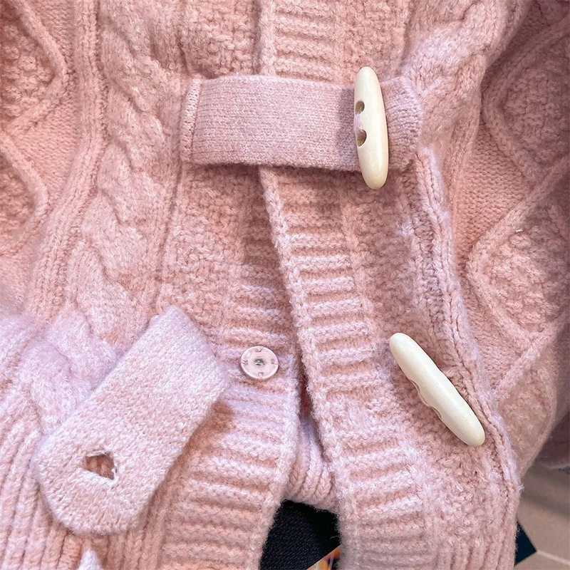 韓国トグルボタンケーブルニットセーター女性ピンク長袖フード付きカーディガンルーズ怠惰なカジュアルソフトプレッピースタイルコート