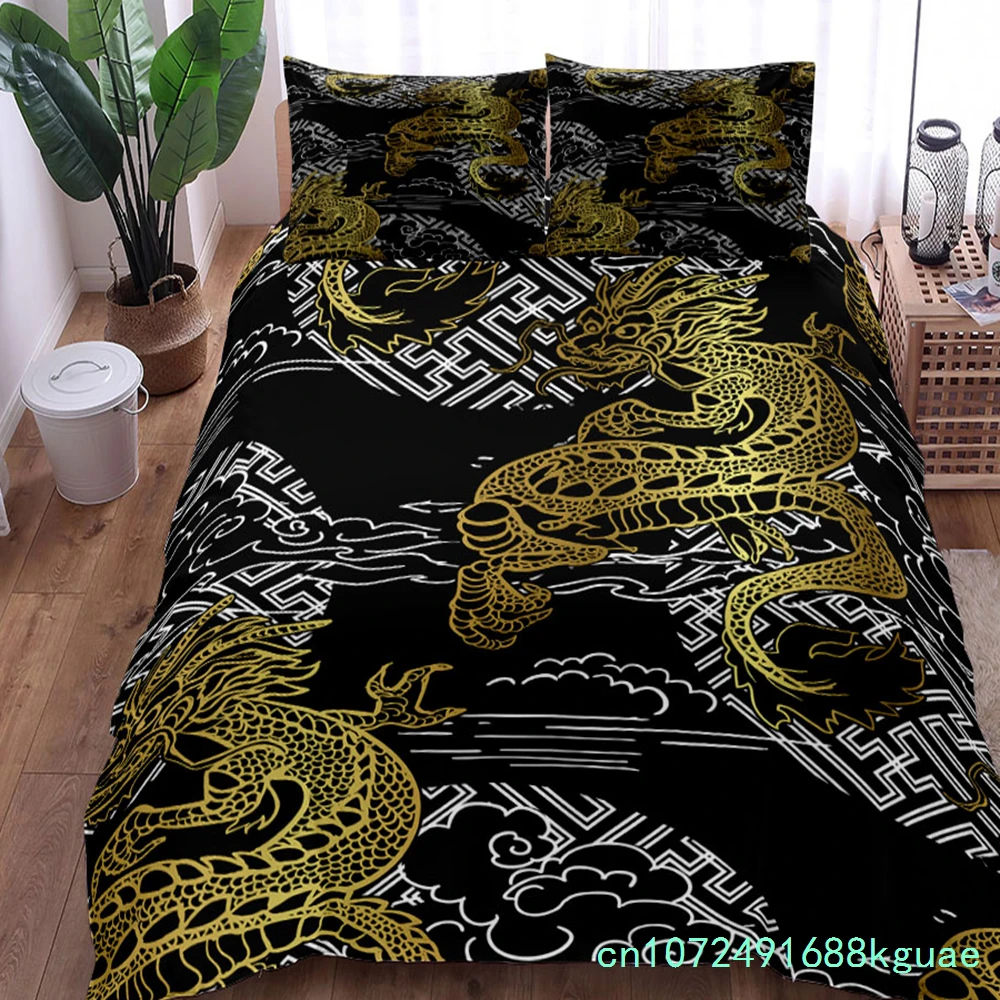 Linen Duvet Cover - Set Copripiumino con Motivo Drago in