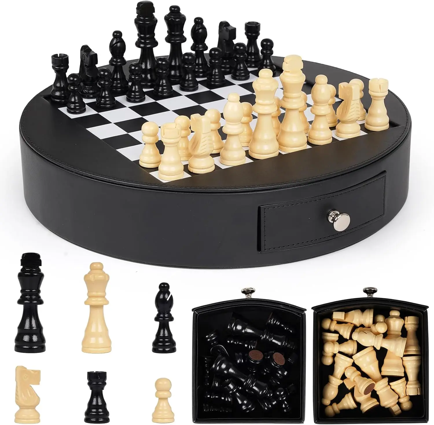 

13-Inch Leather Chess Set with Wooden Pieces, Portable Board with Storage Drawer, Classic Strategy Game for Adults & Kids