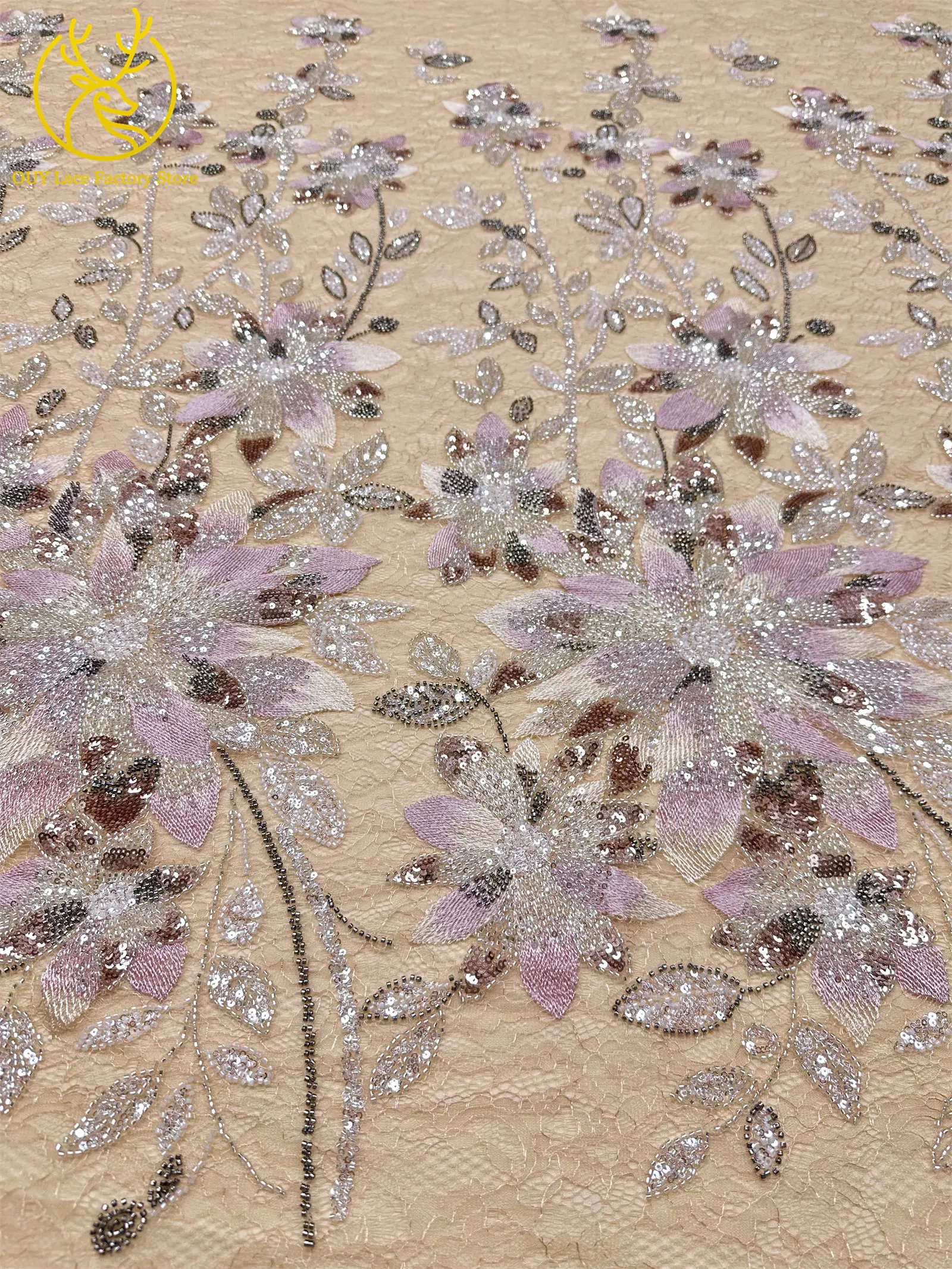 3D-Stickerei-Blattapplikation mit Pailletten, Röhrenperlen und Spitze, hochwertiger französischer Tüllspitzenstoff für Hochzeitskleider, Brautkleider und Partykleider zum Nähen. – Detail 7