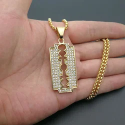 Trendy Titanium Steel Gold Plated Rhinestones Blade Pendant Necklace Creative Personality Men's Hip Hop Fashion Jewelry