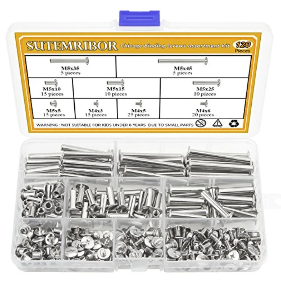 

120 Pieces M5 x 5 10 15 25 35 45mm Chicago Screw Binding Screws Posts Assortment Kit for DIY Leather Bookbinding Crafts