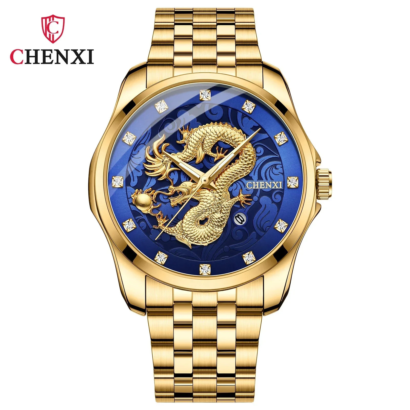 Chenxi 8220 Dragon Totem Embossed Calendar Waterproof Men's Chinese Style Wrist Watch Steel Band Business mens warches  relógio