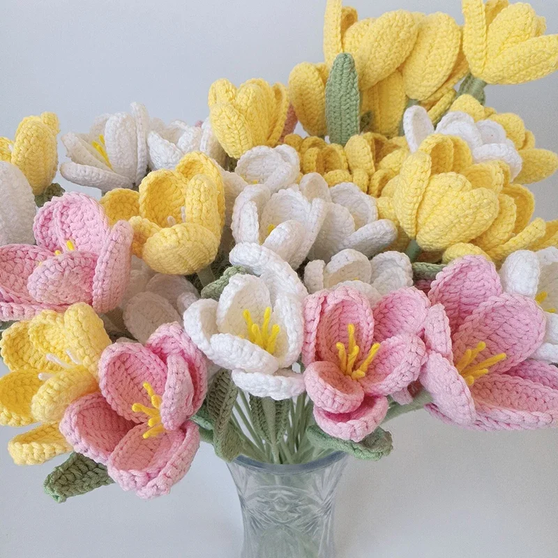 Artificial Tulips Bouquet Finished Handmade Wool Knitted Flowers Crochet Fake Flower Plants Home Garden Decorative Ornament Gift