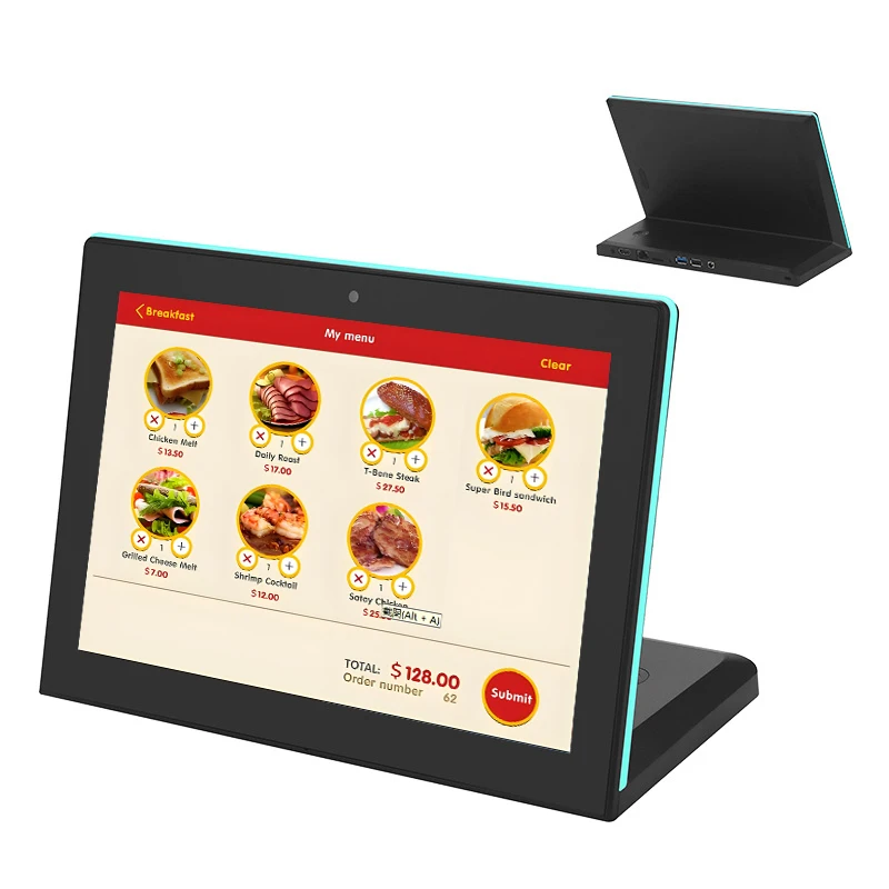 

Restaurant touchscreen tabletop digital menu display board, as equipment for food ordering and advertising