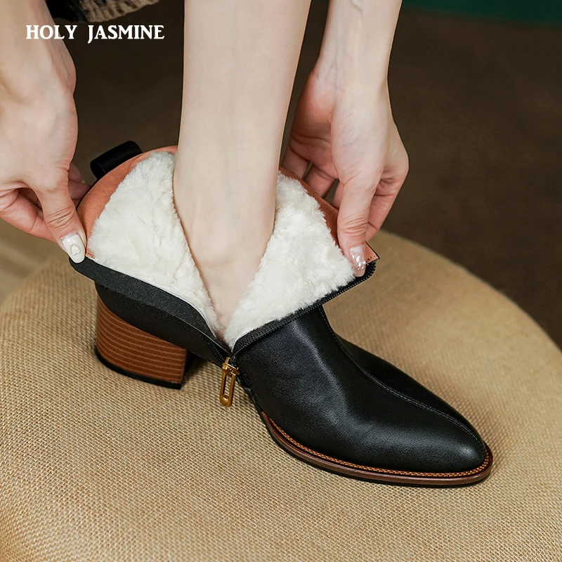 

Women Boots Cow Leather Side Zipper Chunky Heel Black Winter Ankle Boot Elegant Genuine Leather Booties Shoes Warmth Wool Boots