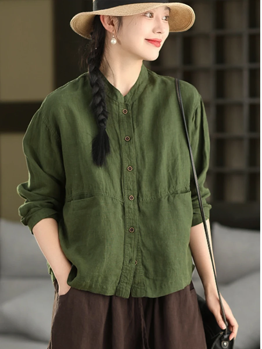 

Retro Washed Linen Shirt Women's Artistic Stand Collar Long Sleeve Single Buttoned Top Breathable Comfortable Loose Fit Spring