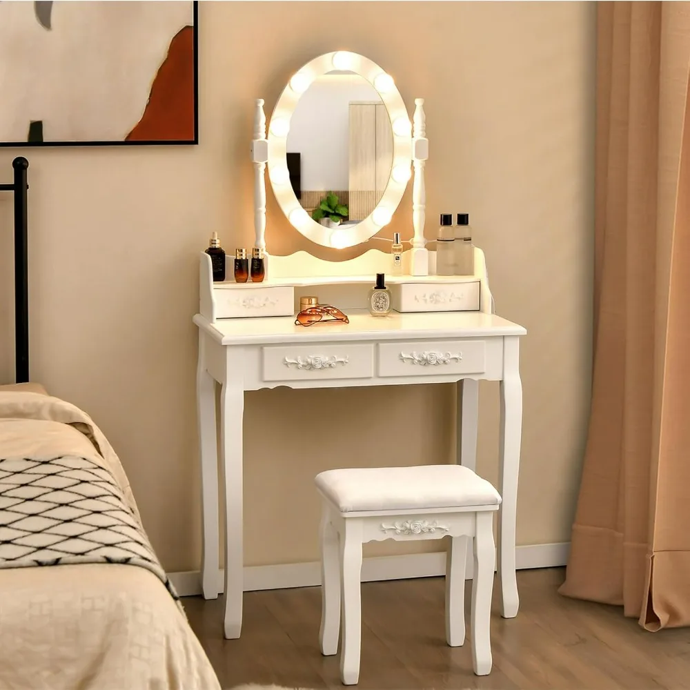 Makeup Vanity Table with 10 LED Lights, Adjustable Brightness, 3 Color Light Modes, 4 Drawers, Rotatable Mirror, Cushioned Stool