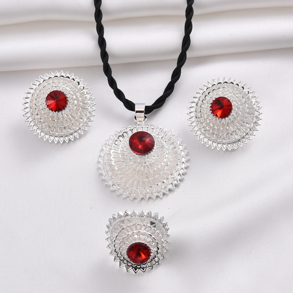 Eritrea Cute Big Red Zirconia Jewelry Set for women Ethiopian Silver plated Pendant/Earring/Ring Africa Bride Wedding Party Gift