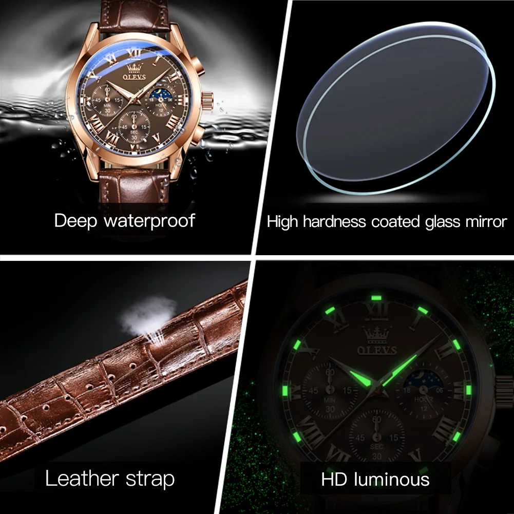 OLEVS 2871 Mens Watch Quartz Watch Multifunctional Chronograph Watch For Men 30m Waterproof Luminous Moon Phase Box Original