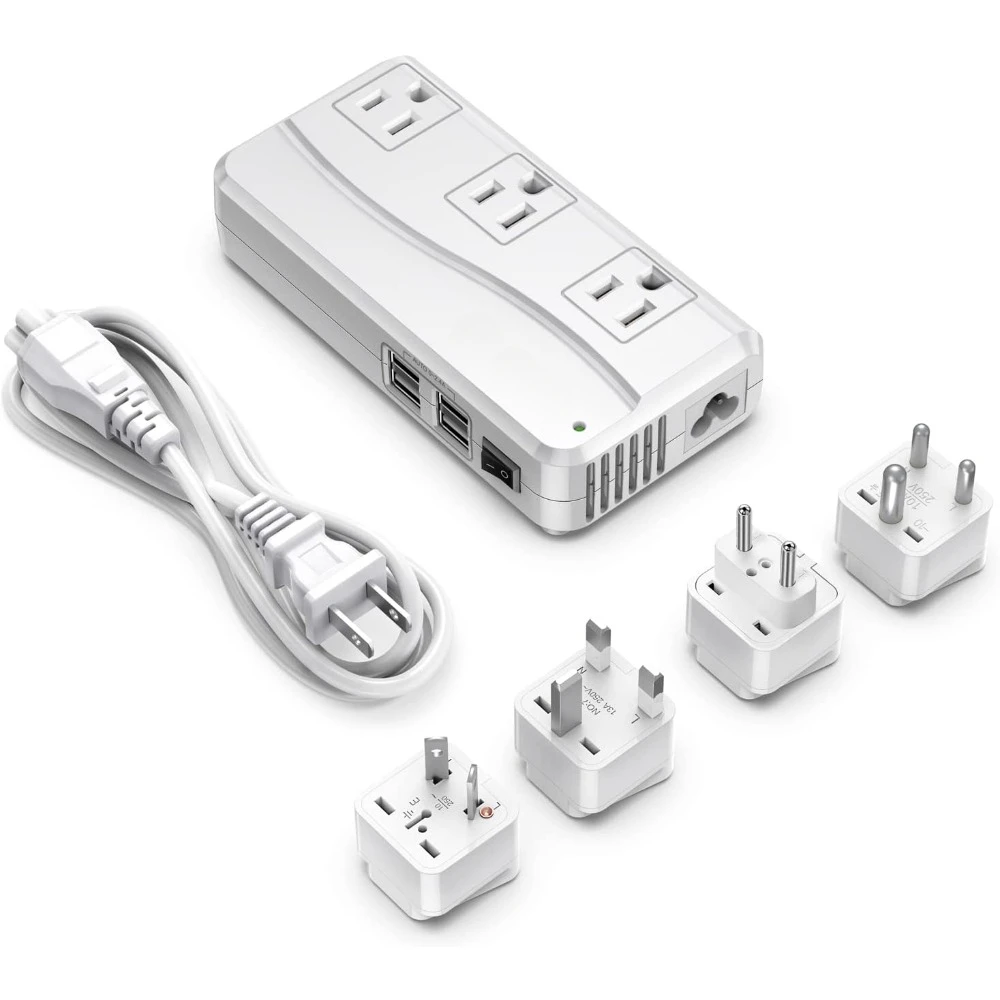 

Global Travel Adapter,110-220V to 110V Converter, 250W, 6A 4-Port USB Charger, 3 AC Outlets, Fits EU/UK/AU/US/India Plugs