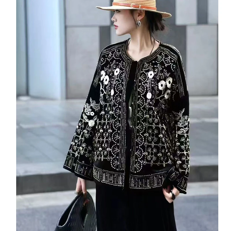 Autumn New Exclusive Design O-Neck Silk + Velvet Fabric Beading +Gold Thread Palace Embroidery Retro Women's Coat S-XL