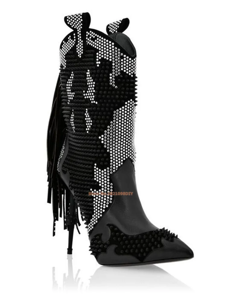 Rhinestone Embellished Cowboy Boots Black Tassel Women High Heel Pointed Toe Pointy Thin Heeled Sparkle Western Boot