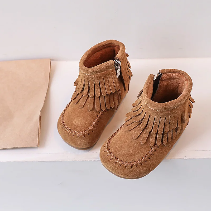 Claladoudou Suede Leather Ankle Boots For Toddler Girls,Solid Camel Brown Tassel Fashion Boots For Kids Woman,Thin Velvet Shoes