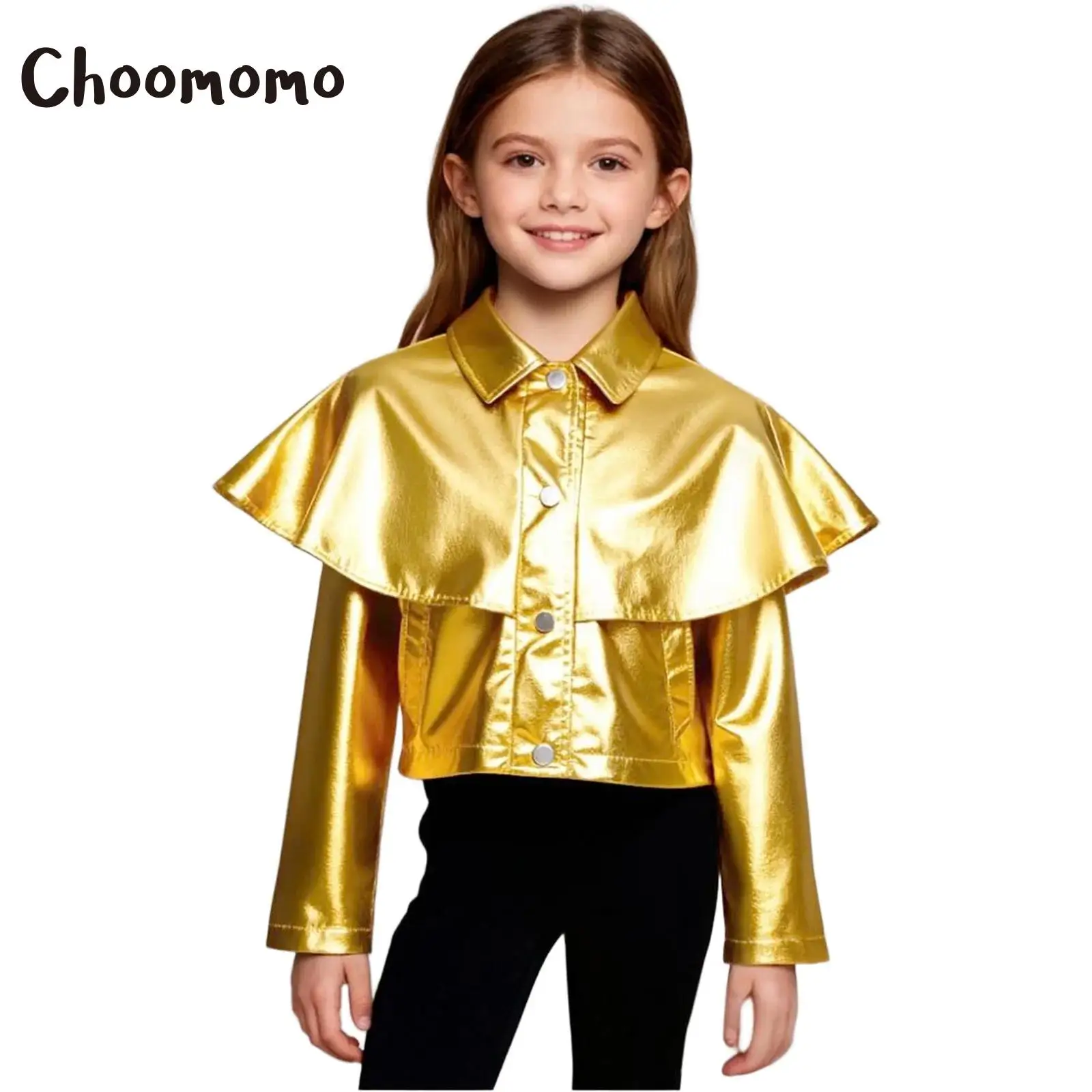 

Kids Girls Hip Hop Jazz Dance Shirt Stage Performance Costume Metallic Gloss Bomber Jacket with Press Buttons Pockets Outerwear