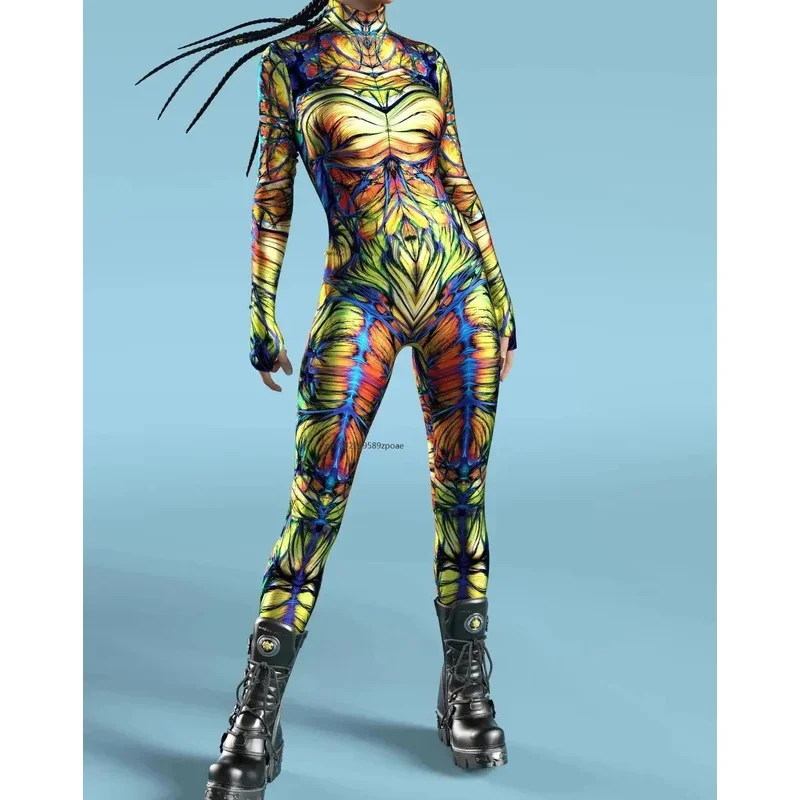 Colorful 3D Printing CyberPunk Rainbow Jumpsuit Halloween Holiday Party Cosplay Costume Elastic Bodysuits Rompers Women Zentai