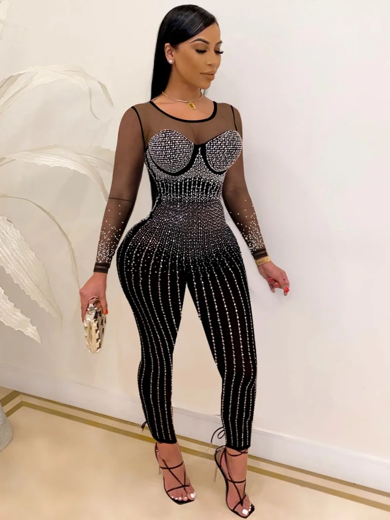 Sexy See Through Diamonds Hot Rhinestones Jumpsuit Spring Clothes Women O-Neck Long Rompers Playsuits One Pieces Overalls Outfit