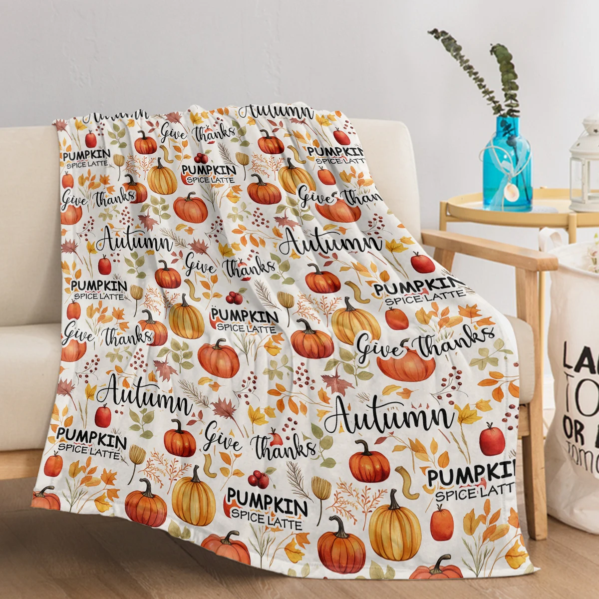 Pumpkin Spice Latte Pattern Throw Blanket Thanks Giving Theme Warm Plush Blankets for Kids Adults Teen for Sofa Couch and Bed