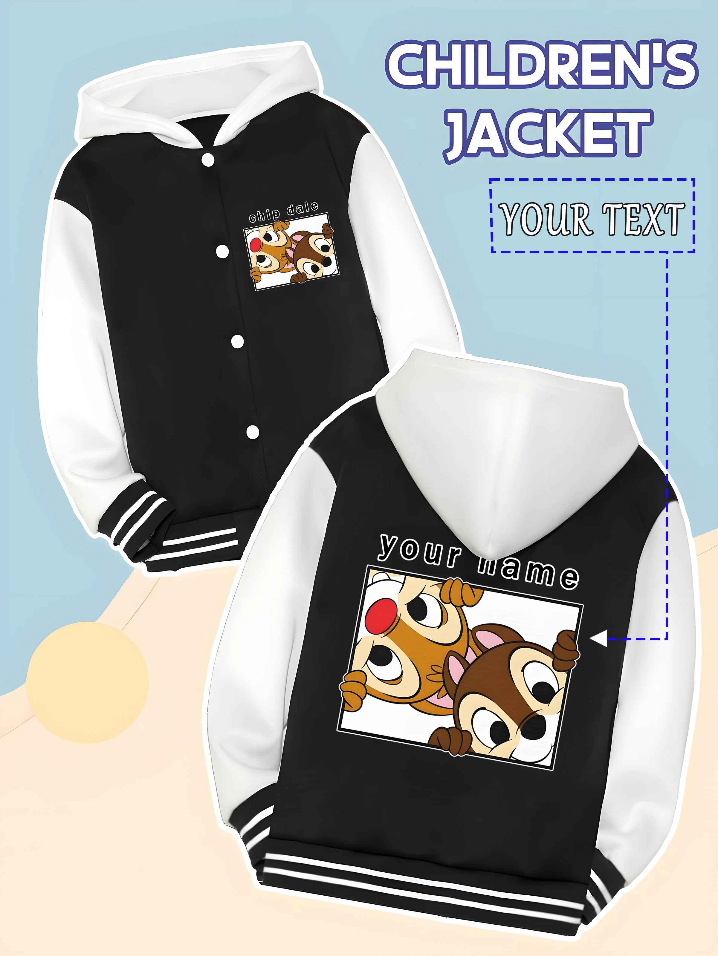 سترة بيسبول رائعة للأولاد من MINISO Disney Chip & Dale - تتميز بإطار صورة Chip & Dale المرحية وقابلة للتخصيص مع "