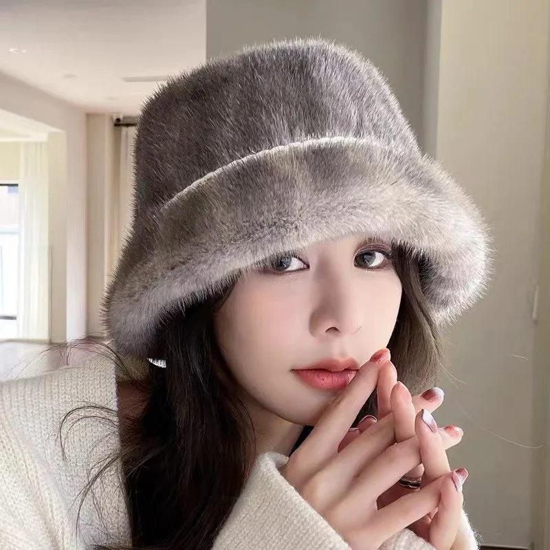 Leather hats for children to keep warm in autumn and winter fur fisherman versatile real bucket ear-protecting top