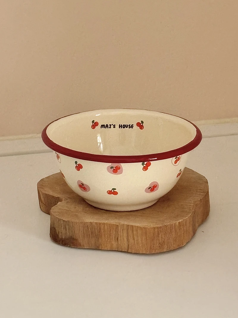 

Ретро-емкость для риса, супа, фруктов, завтрака, йогурта с вишневым узором, эмалированная, в стиле Ins, круглая форма, можно мыть в посудомоечной машине