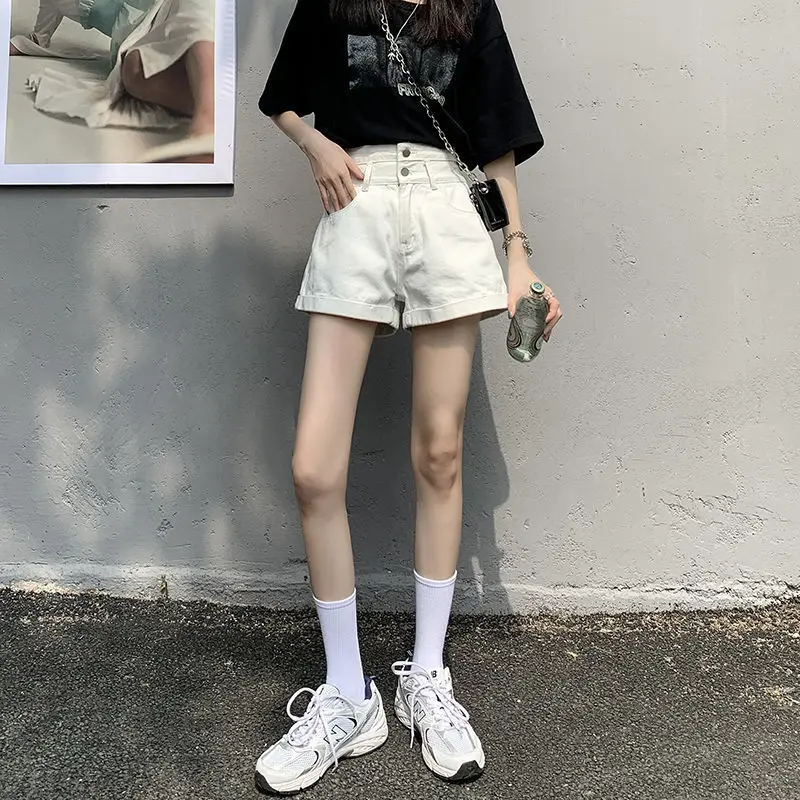 Solid Denim Shorts Women Summer Zipper Double Buttons Korean Style Pockets Rolled Edge Design Fashion Leisure Cozy Slim Chic