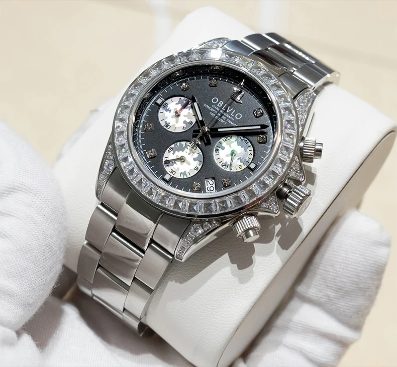 OBLVLO Herren-Chronographenuhr, 40 mm, Quarz-Armbanduhr, 5 ATM wasserdicht, Saphirglas, leuchtende Dreifachfenster-Kristalllünette