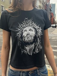 Cartoon Print Cotton Crop Top Women 2023 Summer Patchwork O-Neck Short Sleeve Slim T-shirts Female Casual Vintage Y2k Tops