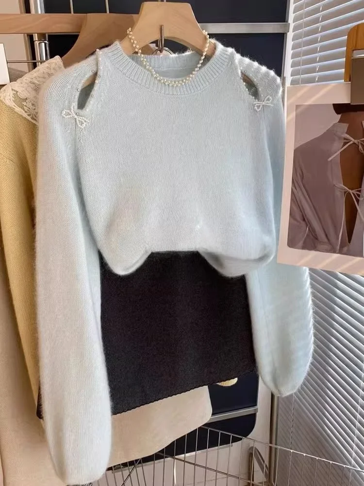 

Корейский теплый вязаный свитер с длинными рукавами, ажурным узором, блестками и узлами, мягкий и уютный женский топ для зимы