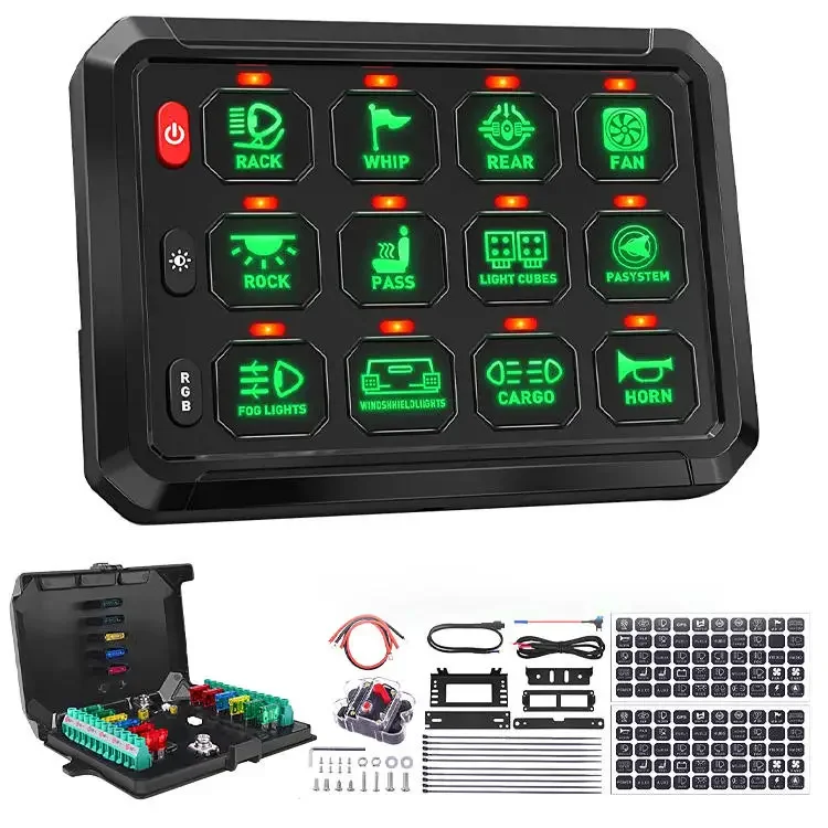 RGB 12 Gang Switch Panel LED Light Bar Relay System Marine 12V 24V Control box Car Bus