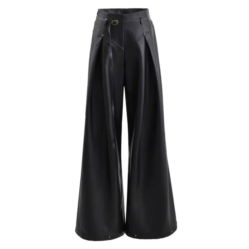 American Retro Brown Rivets Wide Leg PU Leather Pants The Spice Girls With Belt Waist Loose Long Straight Trousers Casual Bottom