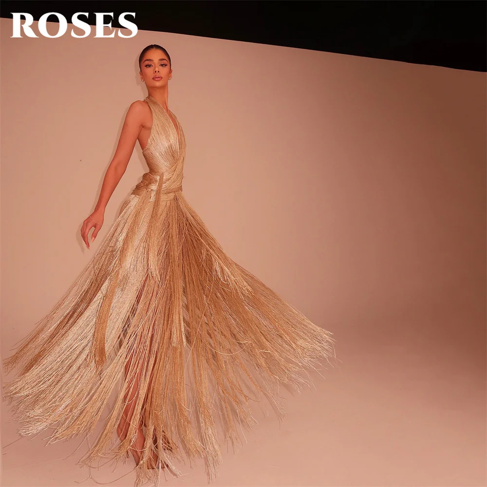 ROSES Champagne Party Dresses Halter Neck Sleeveless Evening Dresses with Tassel A Line فساتين السهرة for Wedding Customized - view 5